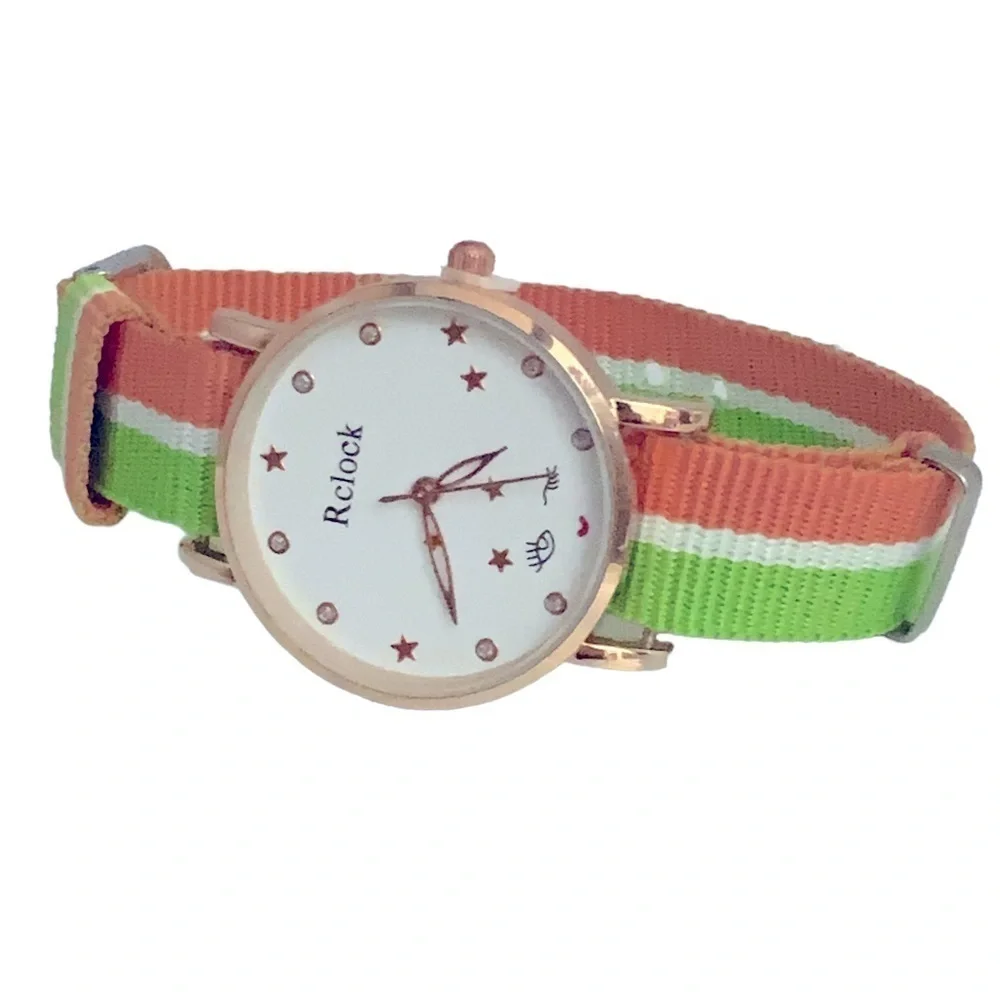 Watch Women’s Analog Round  Preppy Stripe Canvas Buckle Band Green Coral